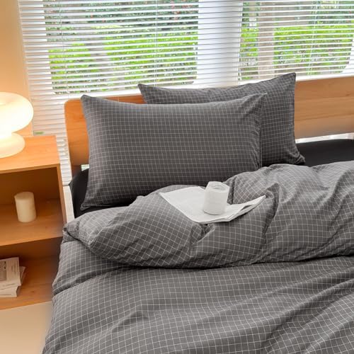 NSNLGSGC Gray Plaid Duvet Cover Set, Queen