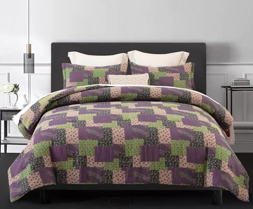SLEEPBELLA Washed Double Layer Muslin 100% Cotton Comforter Set King Size, Purple Green Patchwork Fluffy Thick Checked Bedding Set, Soft Breathable (1 Comforter, 2 Pillow Shams)