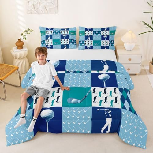 Homewish Golf Comforter Set Queen Size,Golf Sports Games Bedding Set 3Pcs Geometric Diamond Grid Patchwork Quilt Set for Kids Girls Boys Adult Room Decor Navy Blue White Duvet Insert,2 Pillowcases
