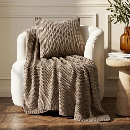 EverGrace Organic Cotton Chunky Knit Throw Blanket, 60 x 80 Stone Taupe