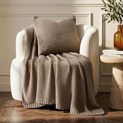 EverGrace Organic Cotton Chunky Knit Throw Blanket, 60 x 80 Stone Taupe