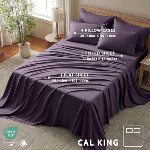 Cal King Size Sheets Set - 6 Piece Luxuriously Soft & Cooling Sheets Cal King Size - Ultra Soft 16" Deep Pocket Cal King Sheet Set - Fitted Sheet & Pillowcase Sets (Cal King Purple)