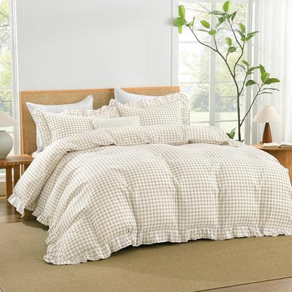 Andency Cream Gingham Duvet Cover King, Ruffle Shabby Bedding Set 3 Pcs