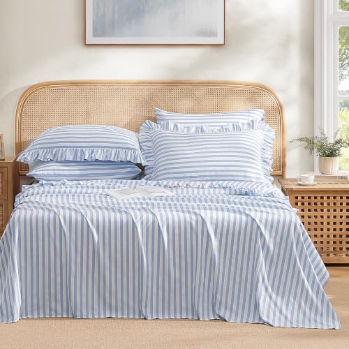ROSE&RISY King Ruffle Sheet Set 4 Piece - Blue Stripe Soft Lightweight Microfiber Bedding with Deep Pocket, Breathable Ruffled Flat Sheet & Pillowcases (Blue Stripe Ruffle,King)