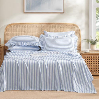 ROSE&RISY King Ruffle Sheet Set 4 Piece - Blue Stripe Soft Lightweight Microfiber Bedding with Deep Pocket, Breathable Ruffled Flat Sheet & Pillowcases (Blue Stripe Ruffle,King)