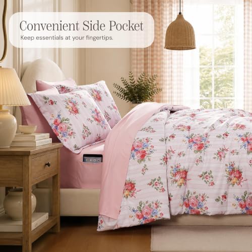 BLOOMHAVEN Twin XL Comforter Set-5 Pieces Pink Floral Bed in a Bag