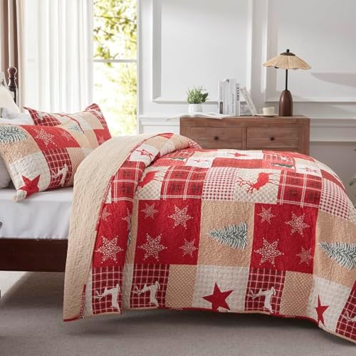 LEAONME Christmas Quilt Set 3-Piece Full Queen Size Bedspread Coverlet 90''x98'' Lightweight Patchwork Oversized Bedding Set with 2 Pillow Shams for All Seasons