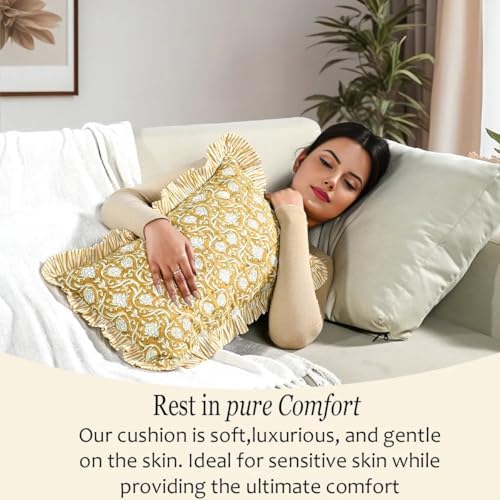 CPC Block Print Mustard Regal Ruffle Cotton Lumbar Pillow Cover 12x20 inch
