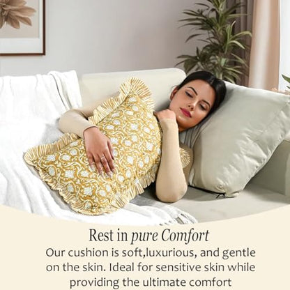 CPC Block Print Mustard Regal Ruffle Cotton Lumbar Pillow Cover 12x20 inch