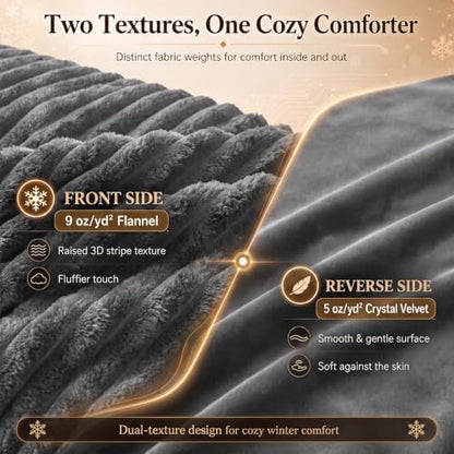 CozyLux Fleece Queen Comforter Set, 3 Piece Winter Warm Dark Grey Bedding