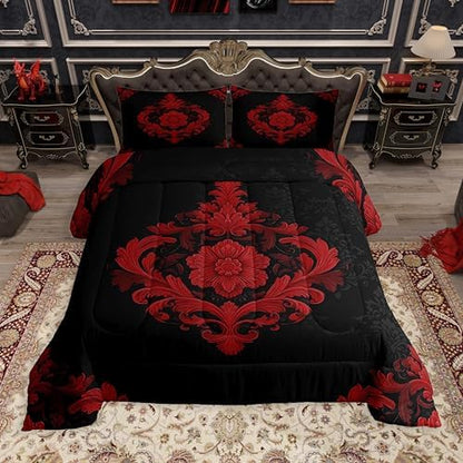 Feelyou Red Gothic Comforter Set Full Size Vintage Damask Boho Bedding Set for Kids Boys Girls Exotic Victorian Duvet Quilt Bedroom Decor Microfiber 3 Pcs with 2 Pillow Cases