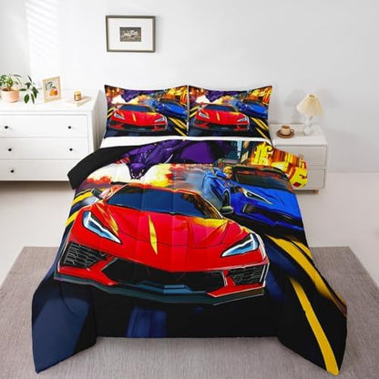Feelyou Racing Car Bedding Set Queen Size Red Blue Racing Car Comforter Set for Kids Boys Teens Dinosaur Monster Duvet Set Fast and Furious Quilt Set 3Pcs