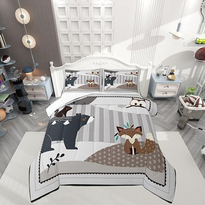 Castle Fairy Cartoon Animal Twin Size Comforter Set,Cute Bear Owl Fox and Plant Duvet Set for Kids Boys Bedroom,Exotic Indian Style Soft Microfiber Bedding Comforters,2 Pcs