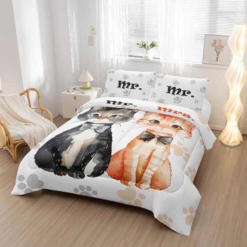 Nttopship Lovers Cat Comforter Bedding Set with 2 Pillowcase Twin Size Cartoon Cat Comforter Set for Kids Boys Girls Bedroom Decor