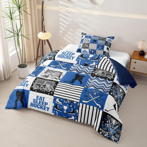 Hockey Sport Comforter Set Twin Size,Eat Sleep Hockey Player Silhouette Bedding Sets 2Pcs for Kids Girls Boys Teens Room Decor,Athletic Quilted Duvet Blue Black White Line Down Comforter,1 Pillowcase