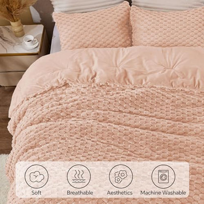 BEDELITE Fluffy King Size Comforter Set, Coral Pink Fleece Bed Set 3 Pieces