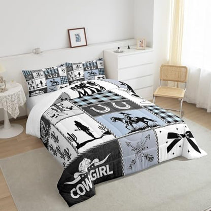 Western Cowgirl Girly Comforter Set King Size,Cactus Horseshoe Cow Skull Bow Bedding Set,Girls Women Room Decor,Cowgirl Boot Geometric Plaids Down Comforter,Blue Rustic Duvet Insert,2 Pillowcases