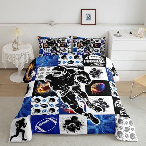 Erosebridal Sports Bedding Sets King - Football Patchwork Comforter Set for Kids Adults Geometric Ball Pattern Duvet Insert Rugby Game Quilt