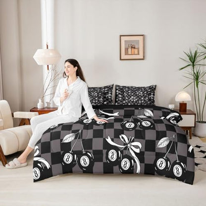 7 Piece Y2K Lucky 8 Ball Comforter Set Queen Coquette Cherry Bow Bedding Set For Kids Boys Girls,Black Brown Checkered Plaid Bed In A Bag With Sheets Fashion Funky Aesthetic Bed Set Preppy Room Decor