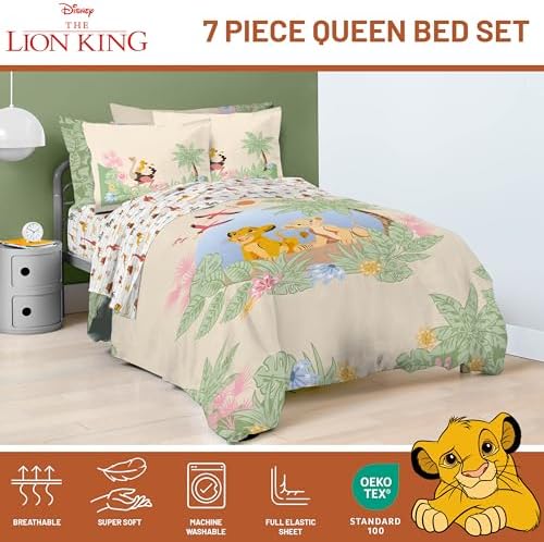 Disney Lion King Simba Queen Comforter Set 7 Piece Kids Bedding, Multi