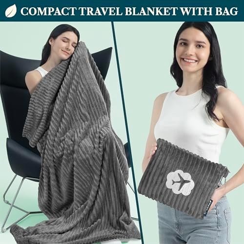 PAVILIA Travel Blanket Pillow, Soft Ribbed Fleece Airplane Blanket, Gray