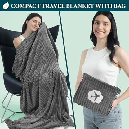 PAVILIA Travel Blanket Pillow, Soft Ribbed Fleece Airplane Blanket, Gray