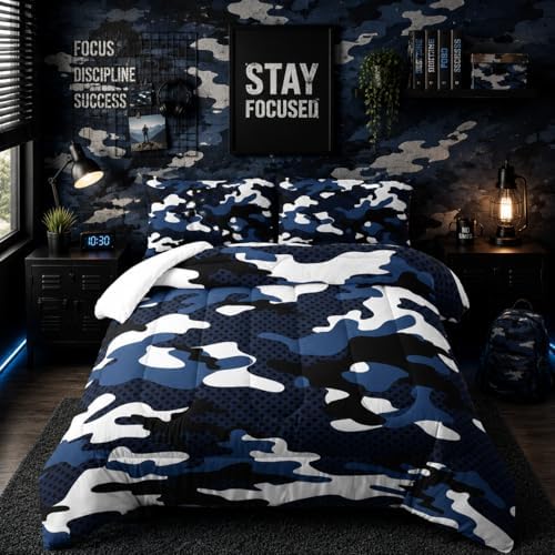 Nttopship Blue Camo Bedding Set Twin Size,Blue and White Camou Camouflage Comforter Set 3Pcs,All Season Lightweight Bedspread for Boy Kids Teens Adults with 2 Pillowcases