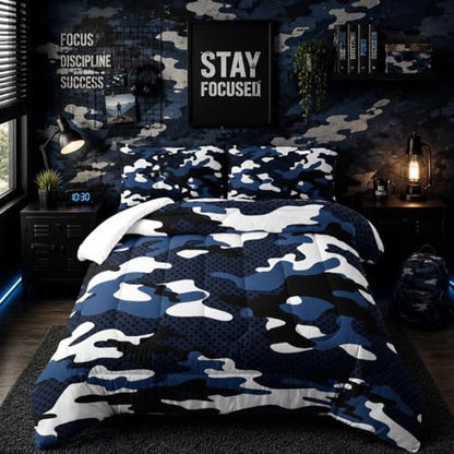 Nttopship Blue Camo Bedding Set Twin Size,Blue and White Camou Camouflage Comforter Set 3Pcs,All Season Lightweight Bedspread for Boy Kids Teens Adults with 2 Pillowcases