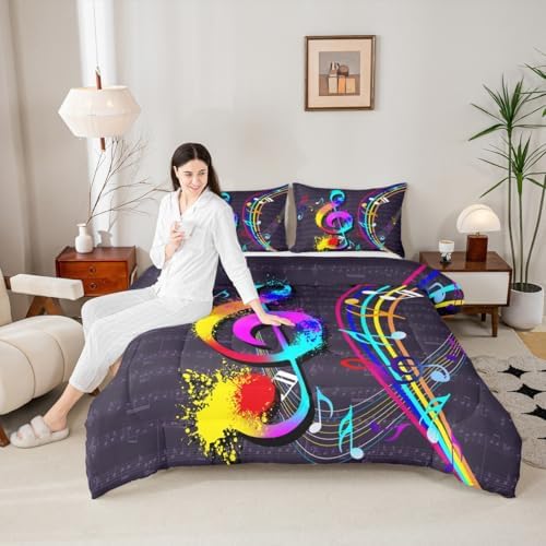Music Note Comforter Set Twin Size Colorful Tie-Dye Hippie Style Bedding for Boys Girls Teens Music Themed Bedroom Decor Flame Music Bedding Comforter Sets Musical Notation Decor Duvet Insert 2 Pcs
