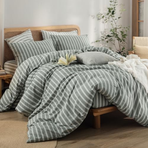 BESTOUCH Striped Cotton Duvet Cover Set Linen Feel Full