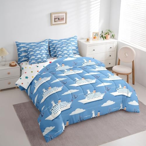 Erosebridal Boys Nautical Sailboat Queen Bed in A Bag, Ocean Ship Comforter Set with Sheets, Boat Anchor 7-Piece Bedding Set, White Cloud Blue Sky Nautical Bed Sets for Kids Teens Youth Men Bedroom