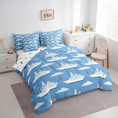 Erosebridal Boys Nautical Sailboat 7 Pieces Bedding Set Twin, Ocean Ship Comforter Set with Sheets, Boat Anchor Bed in A Bag, White Cloud Blue Sky Nautical Bed Sets for Kids Teens Youth Men Bedroom