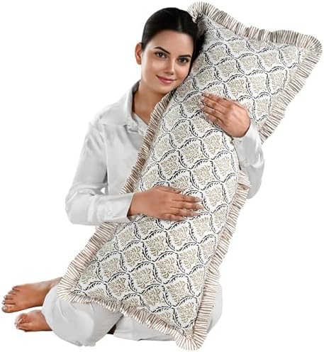 CPC Block Print Sandstone Regal Ruffle Cotton Lumbar Pillow Cover 14x36 inch