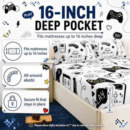 AILONEN Video Game Fitted Sheet Set,Boys Full Bed Sheet Set,Video Gamer Console Joystick Controller Bed Sheet Set,Computer Retro Arcade Play Gaming Sheet Set 3Pcs, 1 Fitted Sheet and 2 Pillowcases
