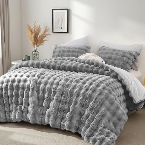 YIKUSH Queen Faux Fur Comforter Set, Fluffy Light Gray Rabbit Fur Comforter