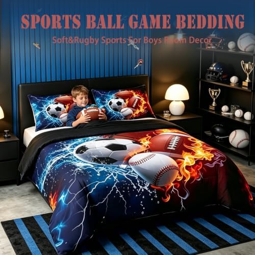 Feelyou Boys Sports Comforter Set Queen Size Football Baseball Soccer Bedding Set Basketball Duvet Quilt for Kids Boys Bedroom Ball Game Sports Decor Microfiber Ultra Soft Breathable