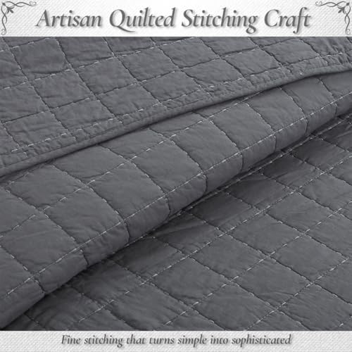 Cozy Line Home Fashions 100% Cotton Quilt Set – 3-Piece Charcoal Gray Solid Classic Modern Geometric Quilted Bedspread with Shams, Lightweight All Season Modern Bedding (Box Gray, Queen)