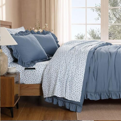 BLOOMHAVEN Full Size Comforter Sets-7 Pieces Ruffle Bedding Floral Sheet