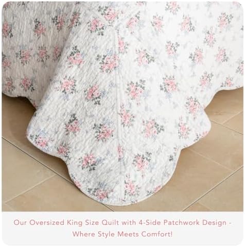 Lady Ann Cotton Floral Quilt Set, Vintage Oversized King Bedspread 120x120 for Extra Large Bed, Blush Pink Rose Pattern Printed Quilted Coverlet with Scalloped Edge, 3 Pcs Bedding Set