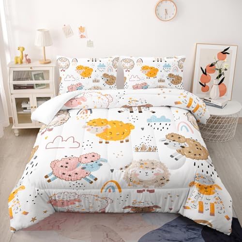 Nttopship Cute Cartoon Sheep Comforter Set King Size,100% Soft Ultra-Fine Fiber Four Season Cloud Rainbow Comforter Set for Kids with 1 Comforter and 2 Pillow Case