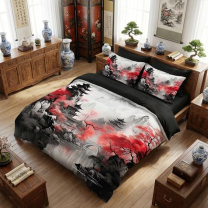 CCoutueChen Asian Chinese Comforter Set King Size, Black Red