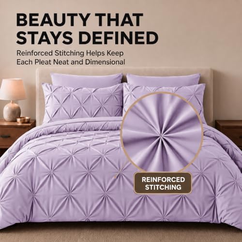 HIMEET Queen Comforter Set Lavender - 7 Pieces Pintuck Bed in a Bag