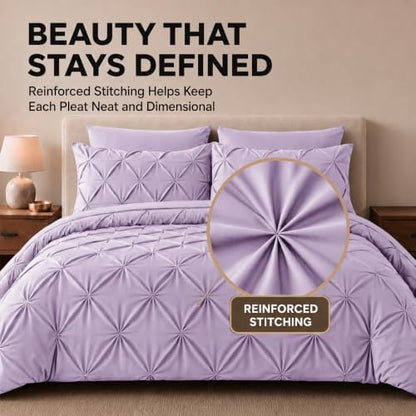 HIMEET Queen Comforter Set Lavender - 7 Pieces Pintuck Bed in a Bag