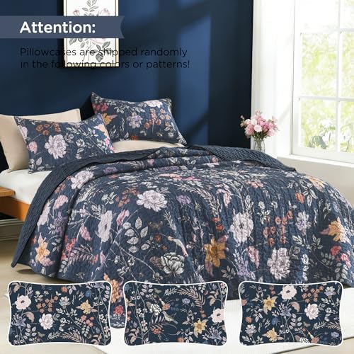 Litanika Floral Dark Blue Quilt Queen - 3Pcs Botanical Birds Bedding Set