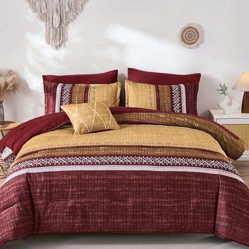Dintszyayue Burgundy King Comforter Size Set, 8 Pieces Boho Striped Texture Bed in a Bag Sets, Lightweight Soft Bohemian Comforter and Sheet Set, All Season Microfiber Bedding Sets for Men Women