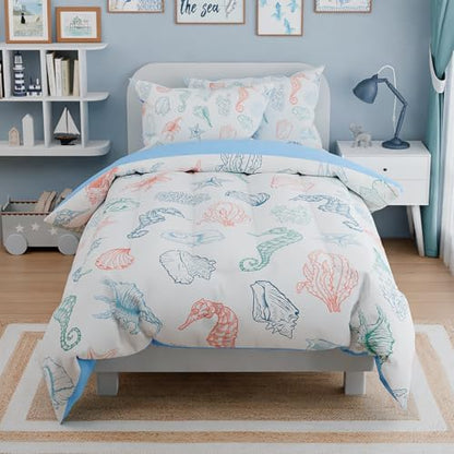 Kids Bedding Set for Girls Boys, Ultra Soft Microfiber Comforter Set Full Size with 4-Pieces, Seashell Ocean Comforters Bed Sets for Kid Children Teen Tween Bedroom Decor