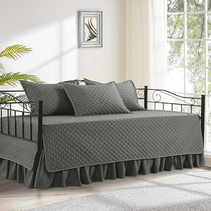 HOMBYS Daybed Cover Sets- Diamond Stitching Daybed Bedding Set, All Season Cozy Bedding with Bedskirt with Shams, Microfiber Filling, 5 Pieces, Dark Grey