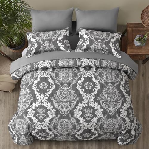 WONGS BEDDING Dark Grey Comforter Set King Size, Damask Texture 7 Pieces Bed in a Bag Microfiber Comforter Bedding Sets -1 Comforter, 1 Flat Sheet, 1 Fitted Sheet, 2 Pillow Shams, 2 Pillowcases