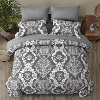 WONGS BEDDING Dark Grey Comforter Set Queen Size, Damask Texture 7 Pieces Bed in a Bag Microfiber Comforter Bedding Sets -1 Comforter, 1 Flat Sheet, 1 Fitted Sheet, 2 Pillow Shams, 2 Pillowcases