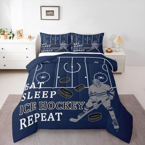 Ice Hockey Comforter/Duvet Set,Puck Ball Hockey Player Ultra Soft Bed Collection,Winter Extreme Sports Navy Blue Kids Bedding for Room Decor 3 Pcs,Microfiber Breathable,King